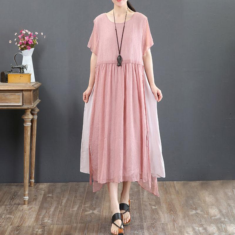 Round Neck Casual Summer Short Sleeve Pink Loose Dress