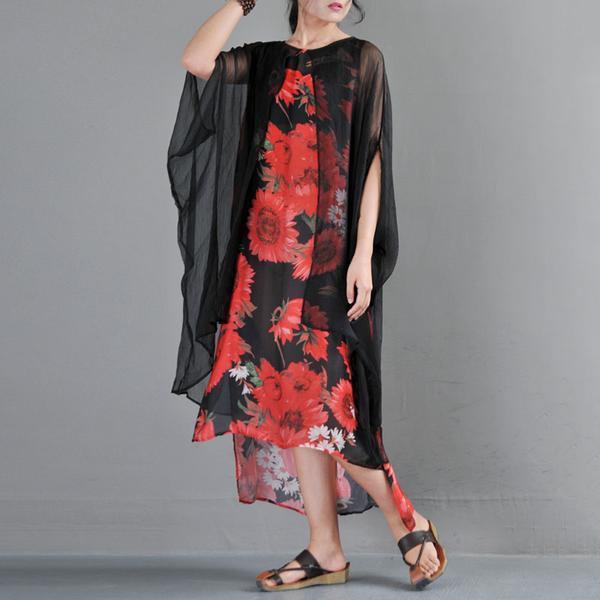 Summer Fake Two Pieces Yellow Flower Printed Bat Sleeve Dress