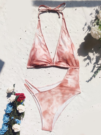 Color-Block Tie-Dyed Hollow One-Piece Swimwear