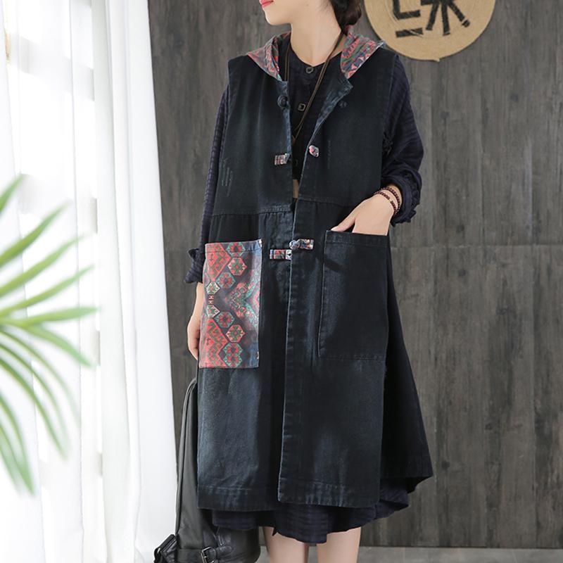 Buykud Patchwork Printed Casual Loose Hooded Coat