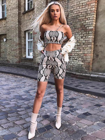 Sexy Snakeskin Strapless Top And Straight Leg Suits