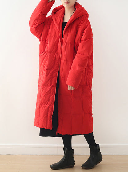 Simple White Duck Down Over Knee Solid Color Zipper Hooded Down Wear Coat