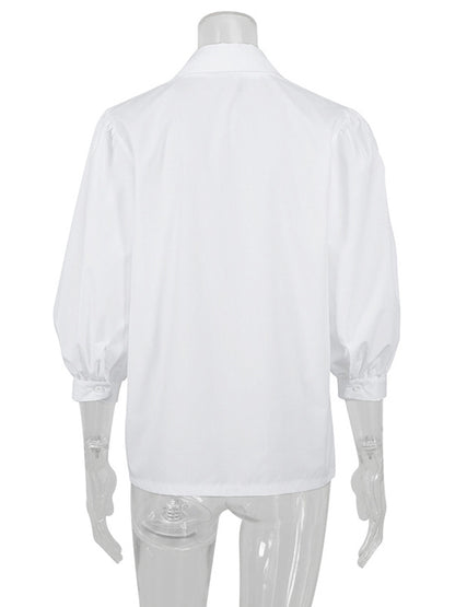 Urban Solid Color Split-Joint Pleated Lapel Collar Bishop Sleeves Shirt