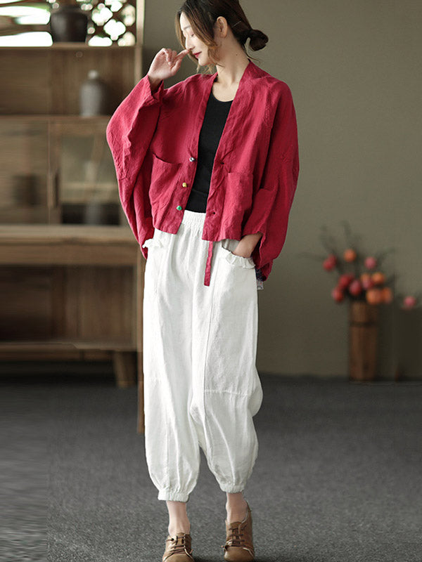 Casual V-Neck Linen Batwing Sleeves Outerwear