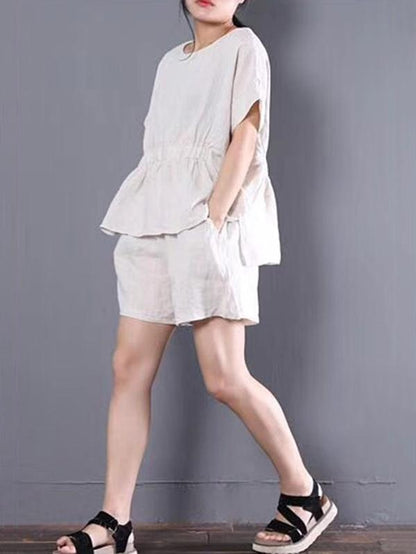 Loose Solid T-Shirt + Wide Leg Shorts Suit