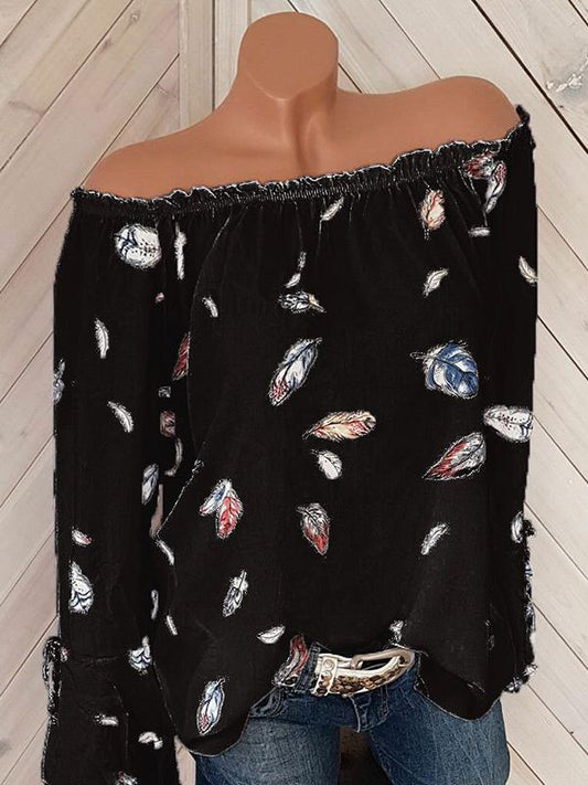 Long Sleeves Off-the-shoulder Flared Sleeves Feather Printed T-shirt