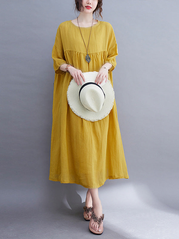 Simple Solid Color Puff Sleeve Midi Dress