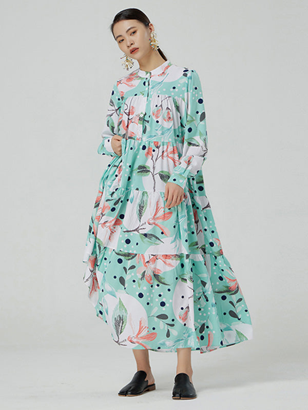 Stylish Buttoned Printed Loose Long Sleeves Midi Dress