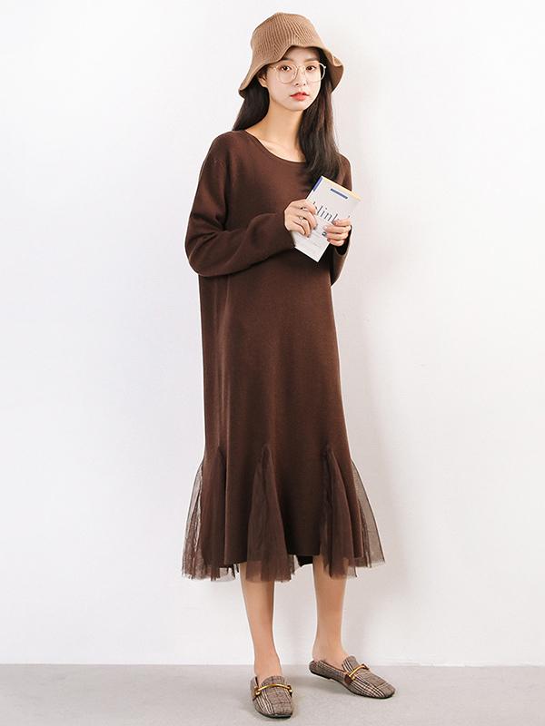 Pure Color Split-joint Knitting Long Dress