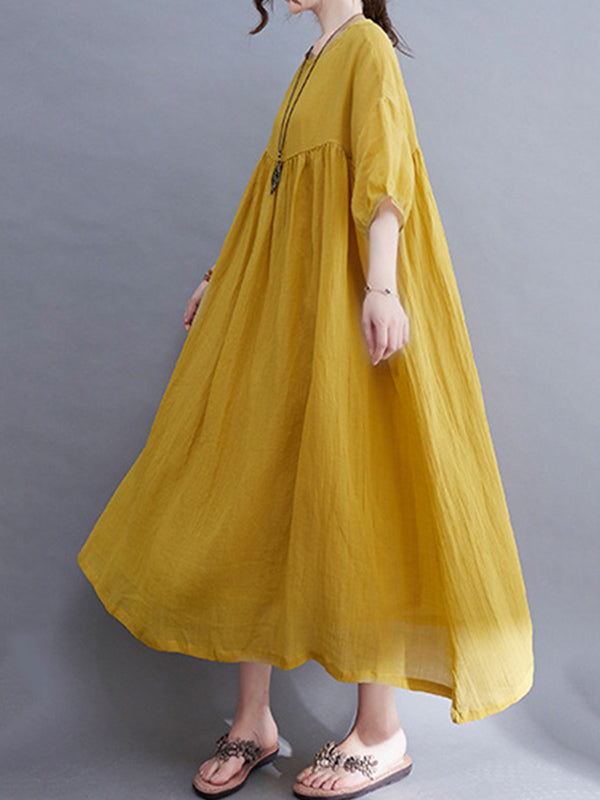 Simple Solid Color Puff Sleeve Midi Dress