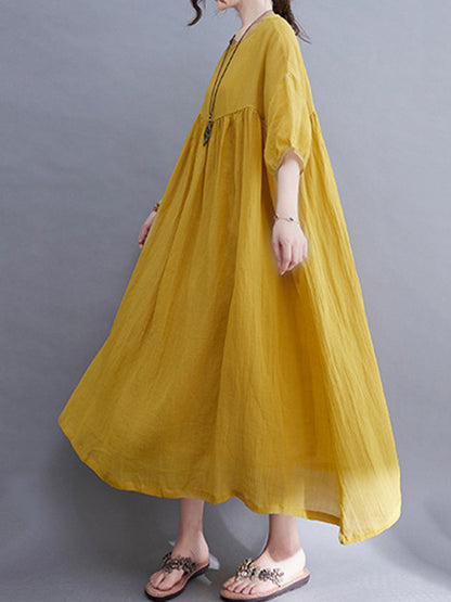 Simple Solid Color Puff Sleeve Midi Dress
