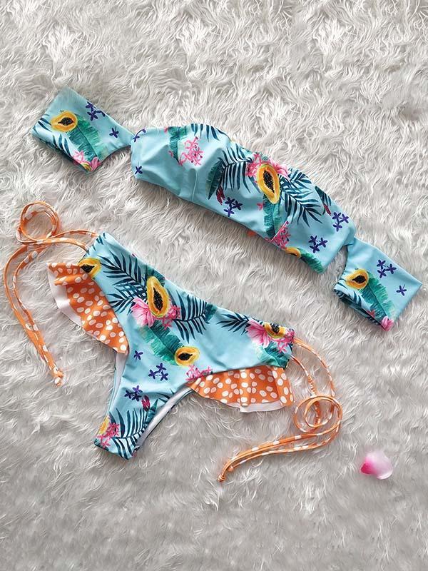 Printed Strapless Lace Up Bikinis Swimwear