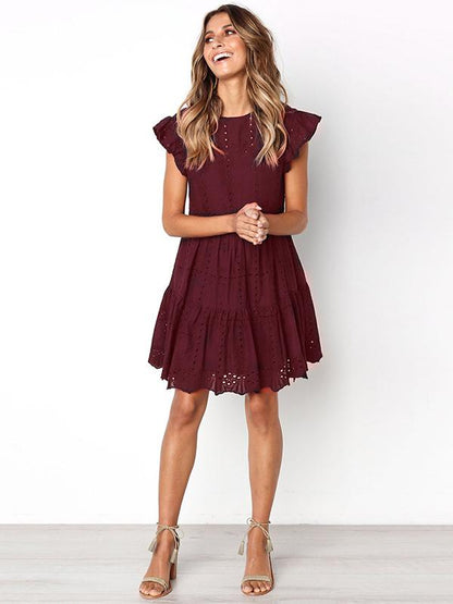 Solid Color Round Neck Hollow Mini Dress