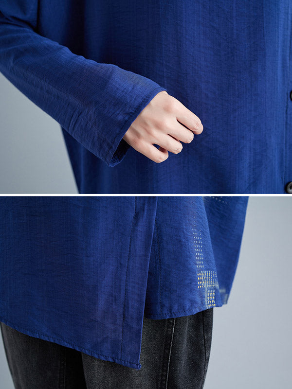 Casual Asymmetric Buttoned Round-Neck Long Sleeves T-Shirt Tops