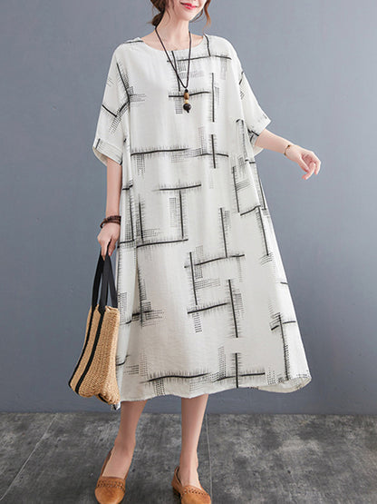 Artistic Retro Loose Striped Printed Contrast Color Midi Dress