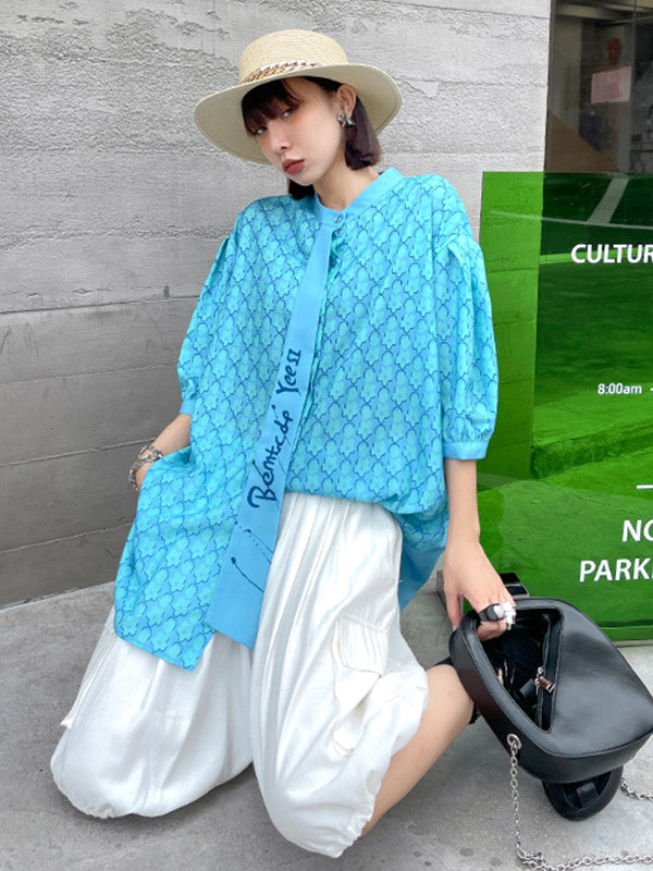 Stylish Split-Joint Printed Stand Collar Tie Short Sleeves Blouses