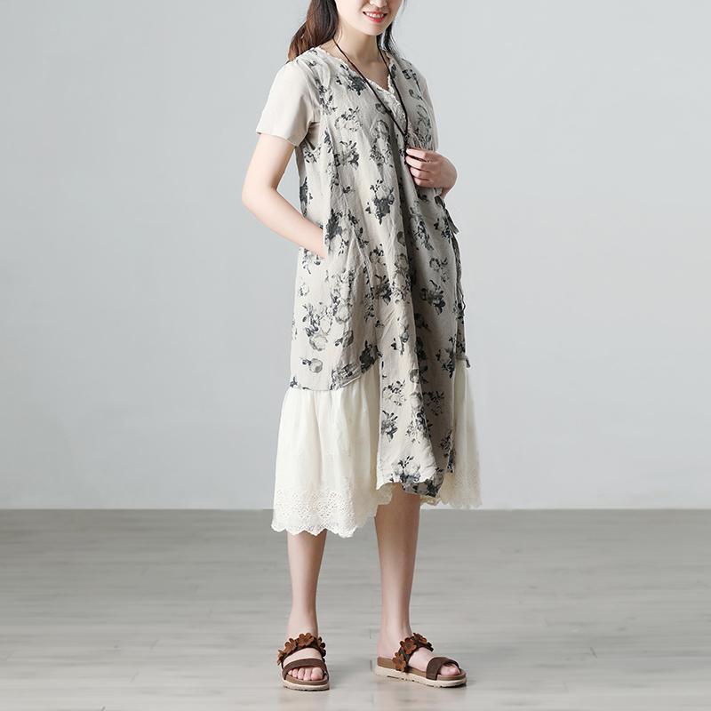 Casual Summer Short Sleeve Floral Beige Long Dresses