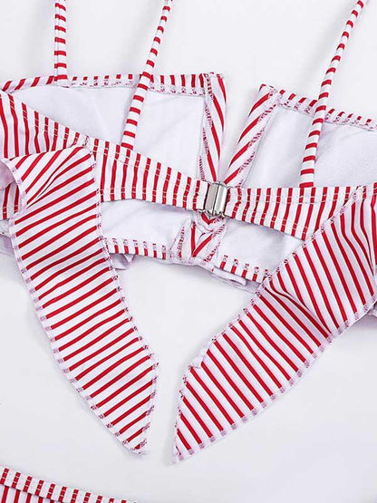 Striped-Print Falbala Split Bikini Swimsuit