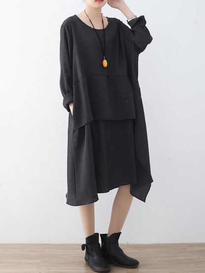 Black Split-joint Round-neck Linen Dress