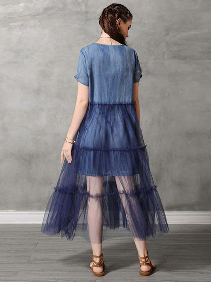 Mesh Split-joint Embroidered Midi Dress