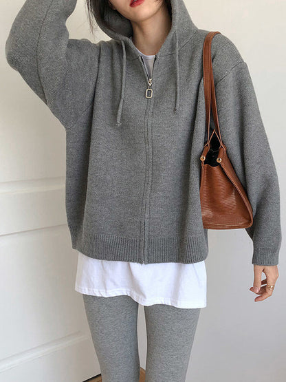 Fashion Solid Knitted Long Sleeves Hooded Outerwear