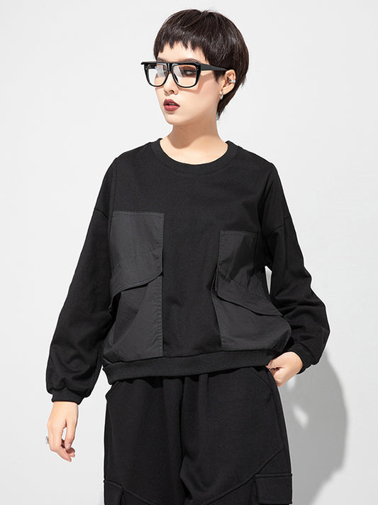 Casual Black Split-Joint Big Pocket Long Sleeves Round-Neck T-Shirt