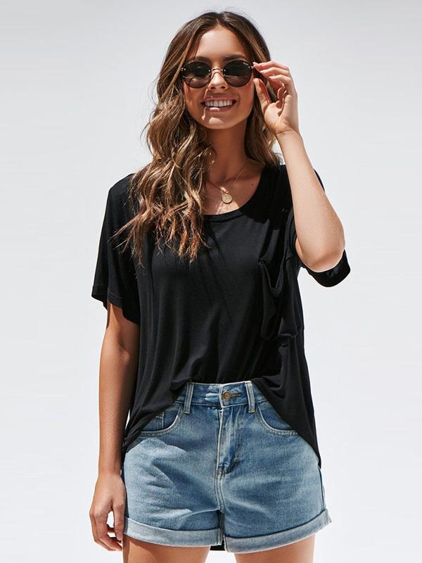 Round Neck Short Sleeve with Pocket Blouses&Shirts Tops