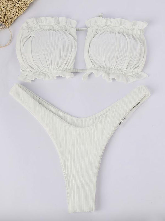 Solid Color Ruffled Bandage Bandeau Split Bikini Swimsuit