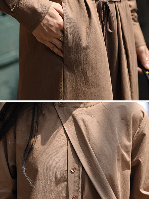 Casual Long Sleeves Loose Tied Asymmetric Solid Color Stand Collar Midi Dresses