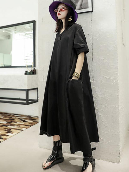 Vintage Loose Oversize V-neck Solid Dress