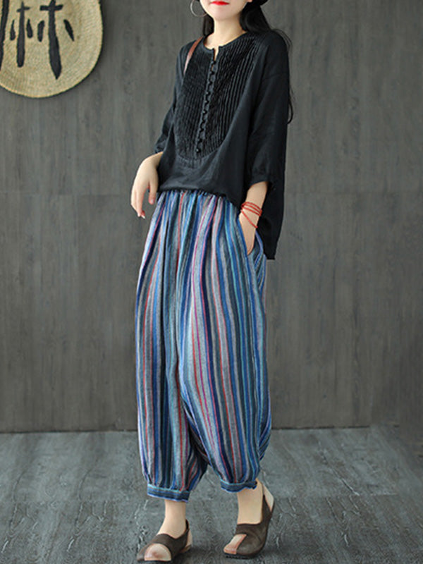 Original Linen Solid Color Pleats T-Shirts Tops