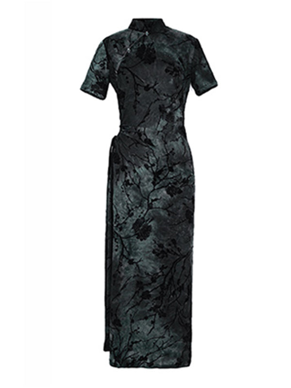 Vintage Tie-Dyed Buttoned Stand Collar Short Sleeves Cheongsam Dress