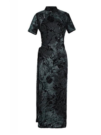 Vintage Tie-Dyed Buttoned Stand Collar Short Sleeves Cheongsam Dress