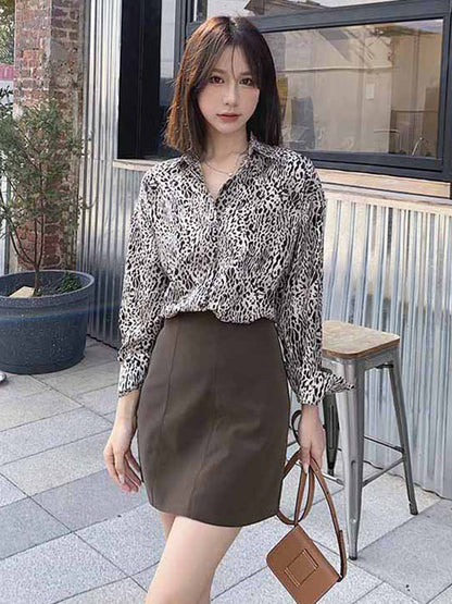 Stylish Leopard Buttoned Lapel High-Low Long Sleeves Blouse Tops