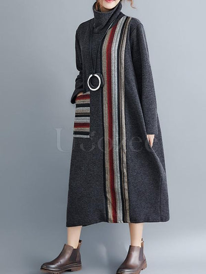 Casual Striped High-neck Midi Dress