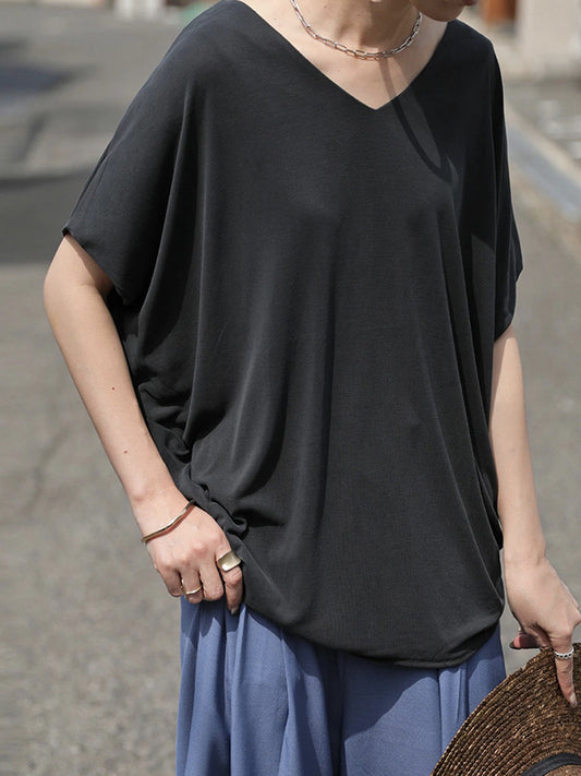 Simple Solid Color Batwing Sleeves V-Neck Shirts