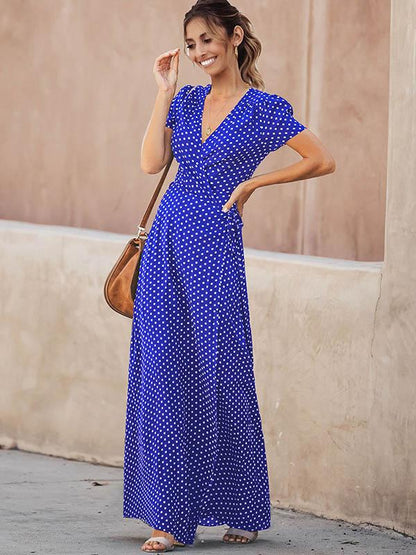 Deep V-neck Polka Dot Maxi Dress