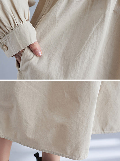 Casual Solid Color Pleated Buttoned Lapel Collar Long Sleeves Midi Shirt Dress