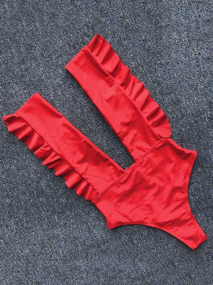 Deep-neck Ruffled Plain One-piece Swimsuit