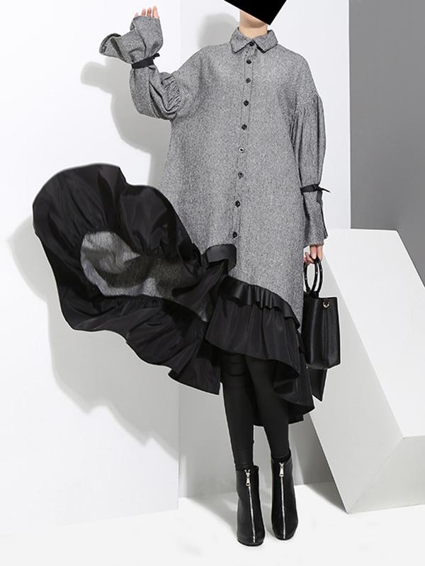 Loose Split-joint Falbala Lapel Blouse Dress