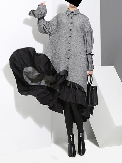 Loose Split-joint Falbala Lapel Blouse Dress