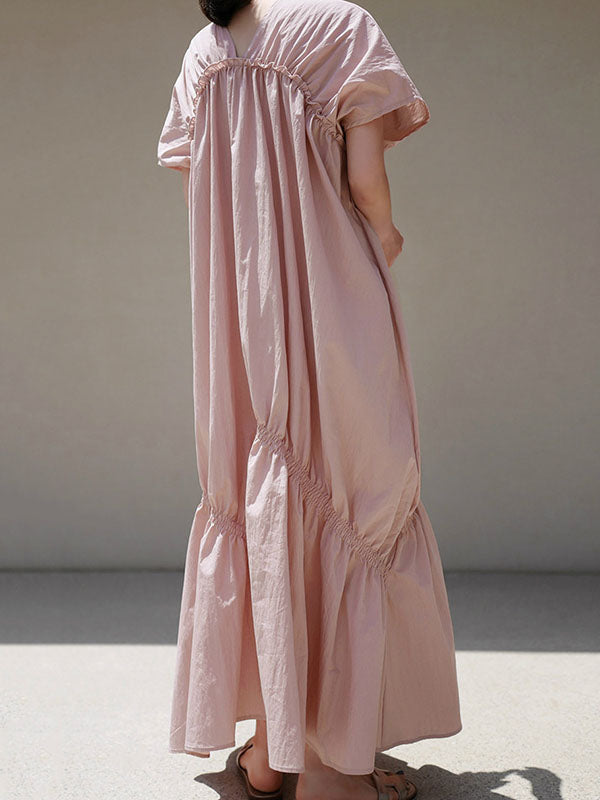 Casual Solid Color Falbala Pleated V-Neck Short Sleeves Maxi Dress