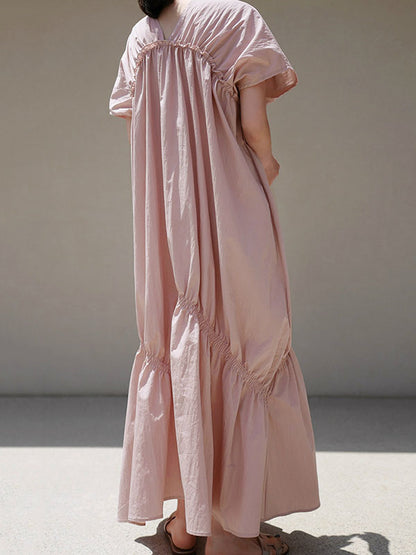 Casual Solid Color Falbala Pleated V-Neck Short Sleeves Maxi Dress