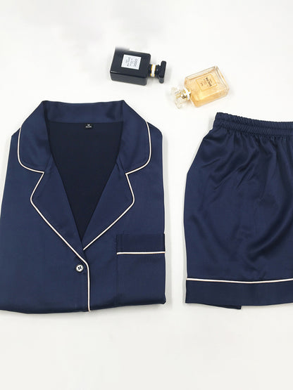 Casual Solid Color Notched Collar Short Sleeves Shirts+ Elastics Shorts Pajama
