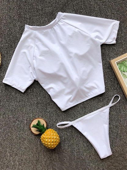 Two-pieces Solid Short Sleeves Bikinis Swimwear