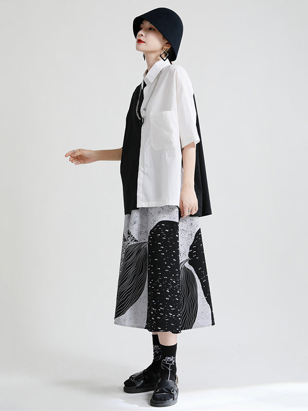 Original Contrast Color Split-Joint With Pocket Buttoned Lapel Color Long Sleeves Blouse