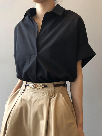 Simple Urban Solid Color Pleated Lapel Collar Short Sleeves Blouse