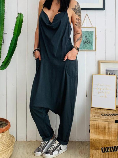 Plus Size Pocket Spaghetti-neck Jumpsuits Bottoms