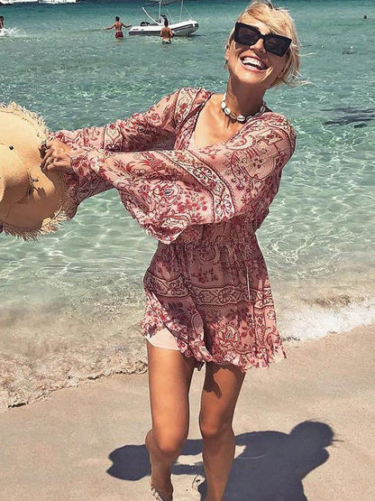 Printed Chiffon Flare Sleeves Jumpsuits