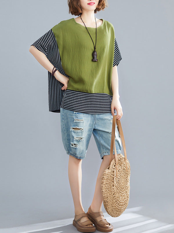 Vintage Ramie Cotton Striped Split-Joint Batwing Sleeves Round-Neck T-Shirt